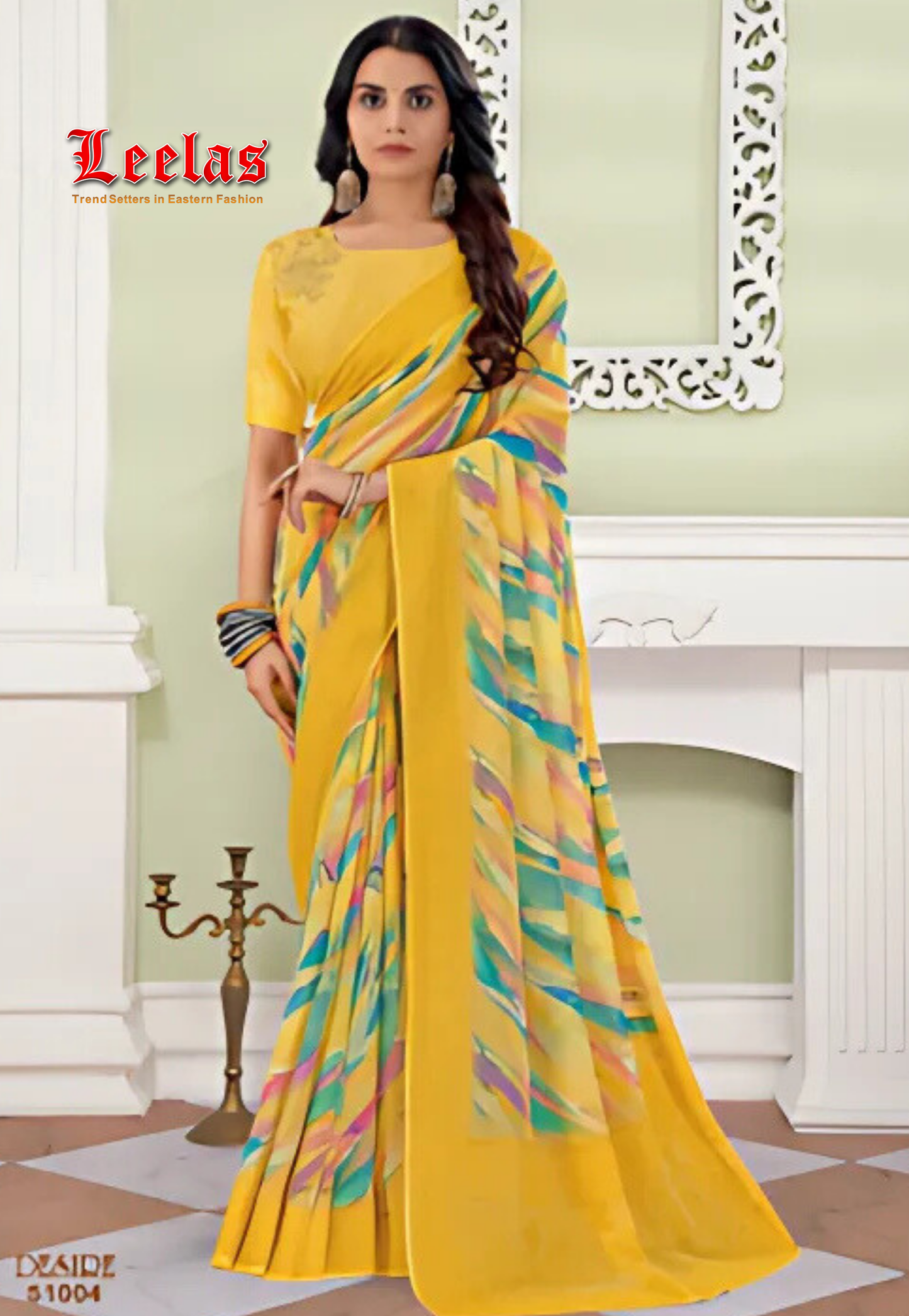 Canary yellow silk saree with multi-colour abstract design