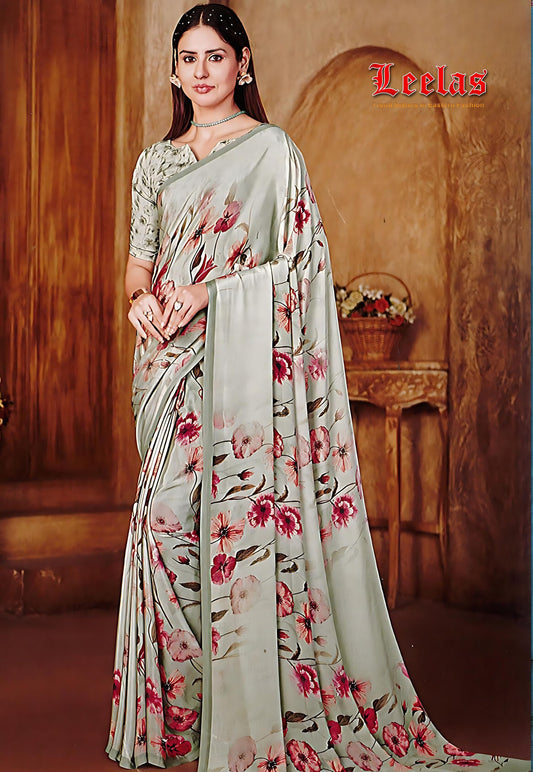 Light green floral printed soft crepe saree