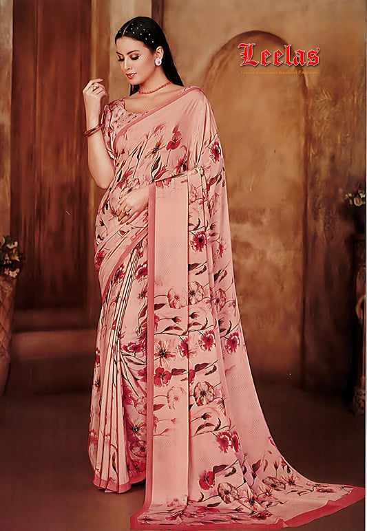 Coral floral printed soft crepe saree