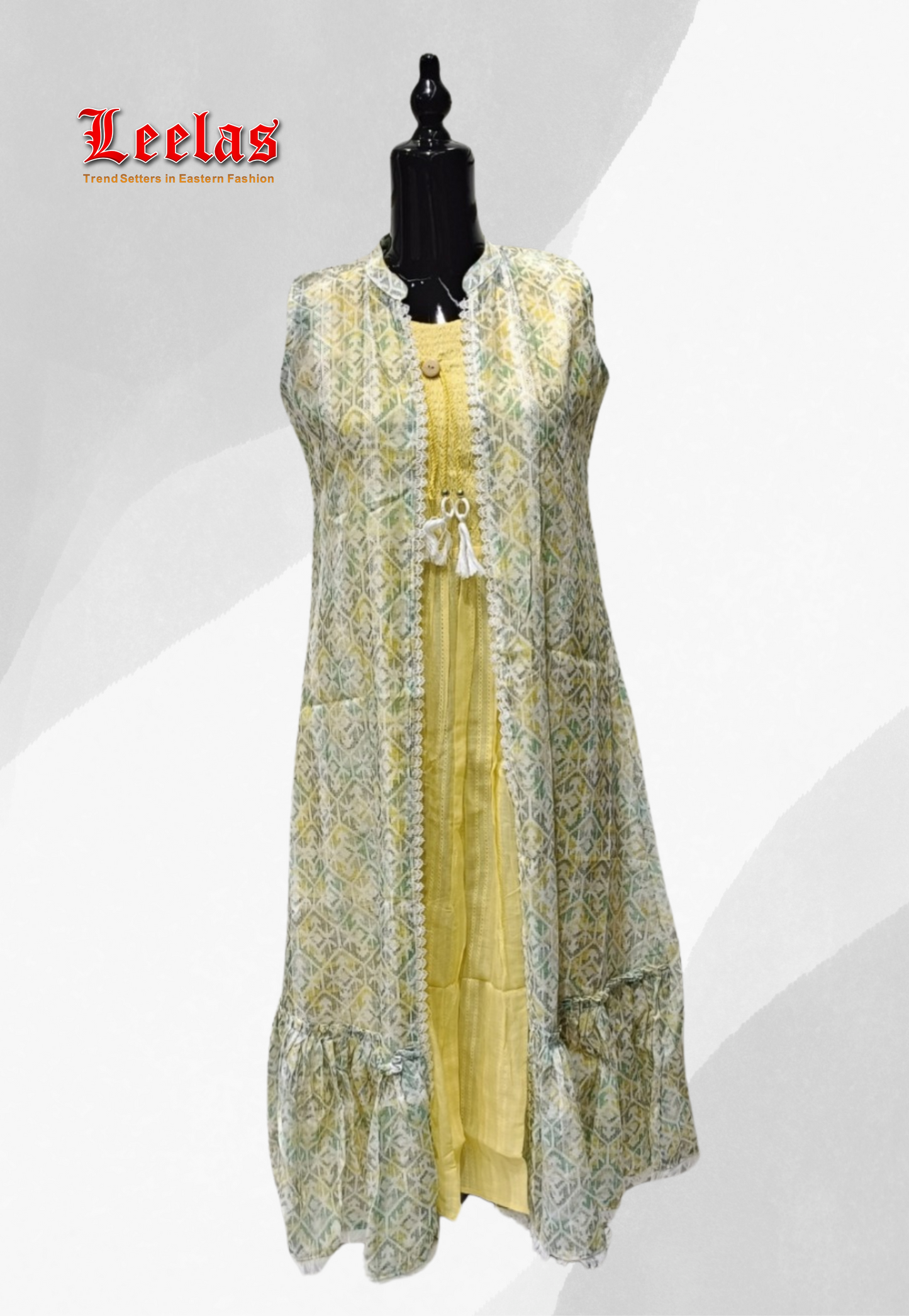 Lemon sleeveless cotton dress with printed green and lemon floral sleeveless jacket