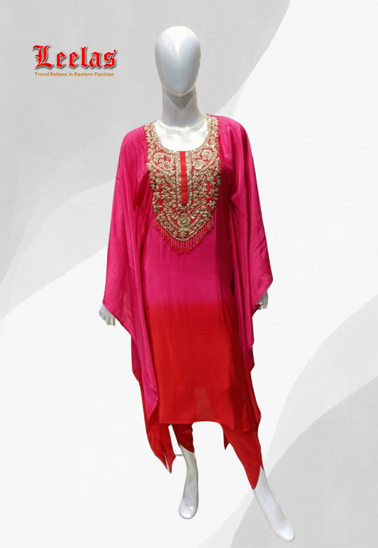 Cerise pink and red batwing silk indo western top with red pants