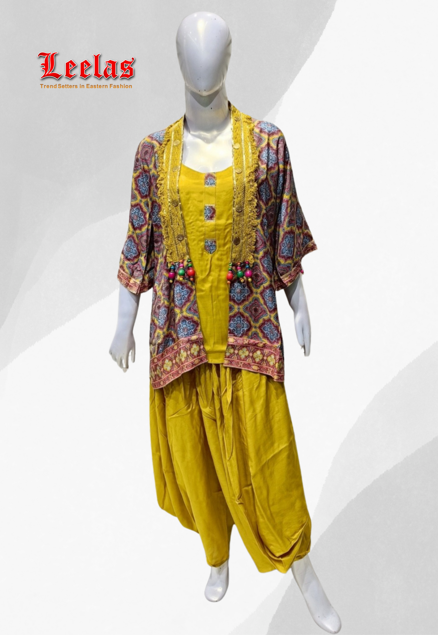 Mustard indo western cotton silk top, printed jacket and mustard cotton pants