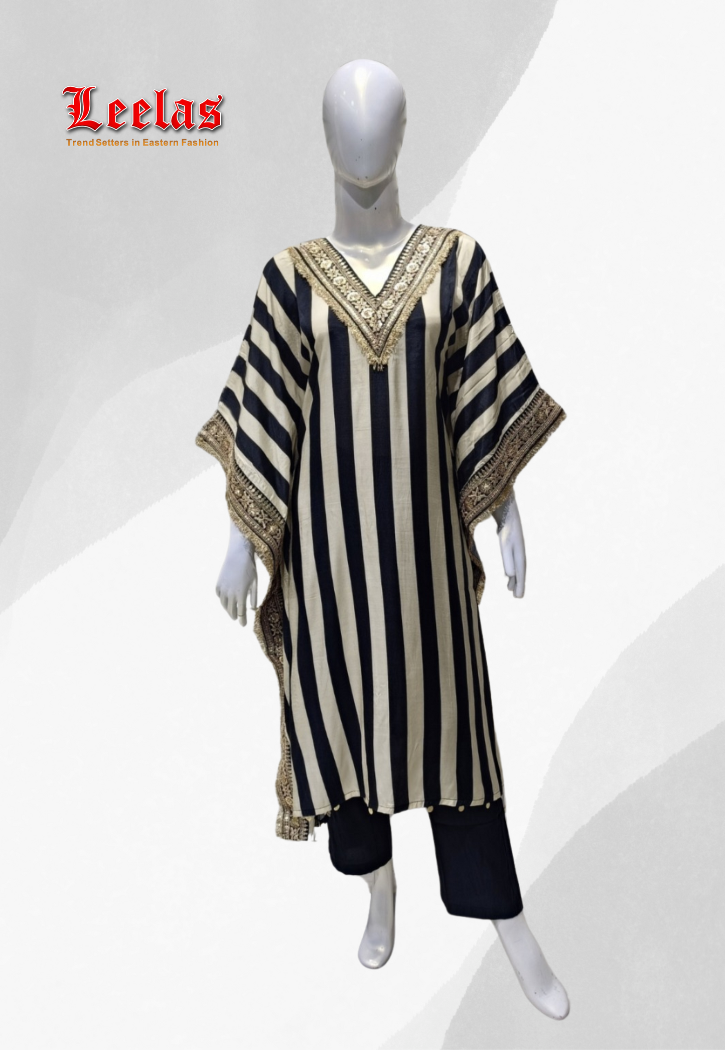 Cream and black striped indo western kaftan style" V" top, with black silk pants