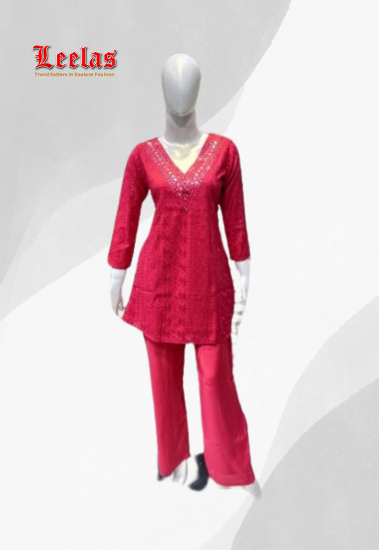 Cerise pink cotton anglaise indo western top with cerise pink pants