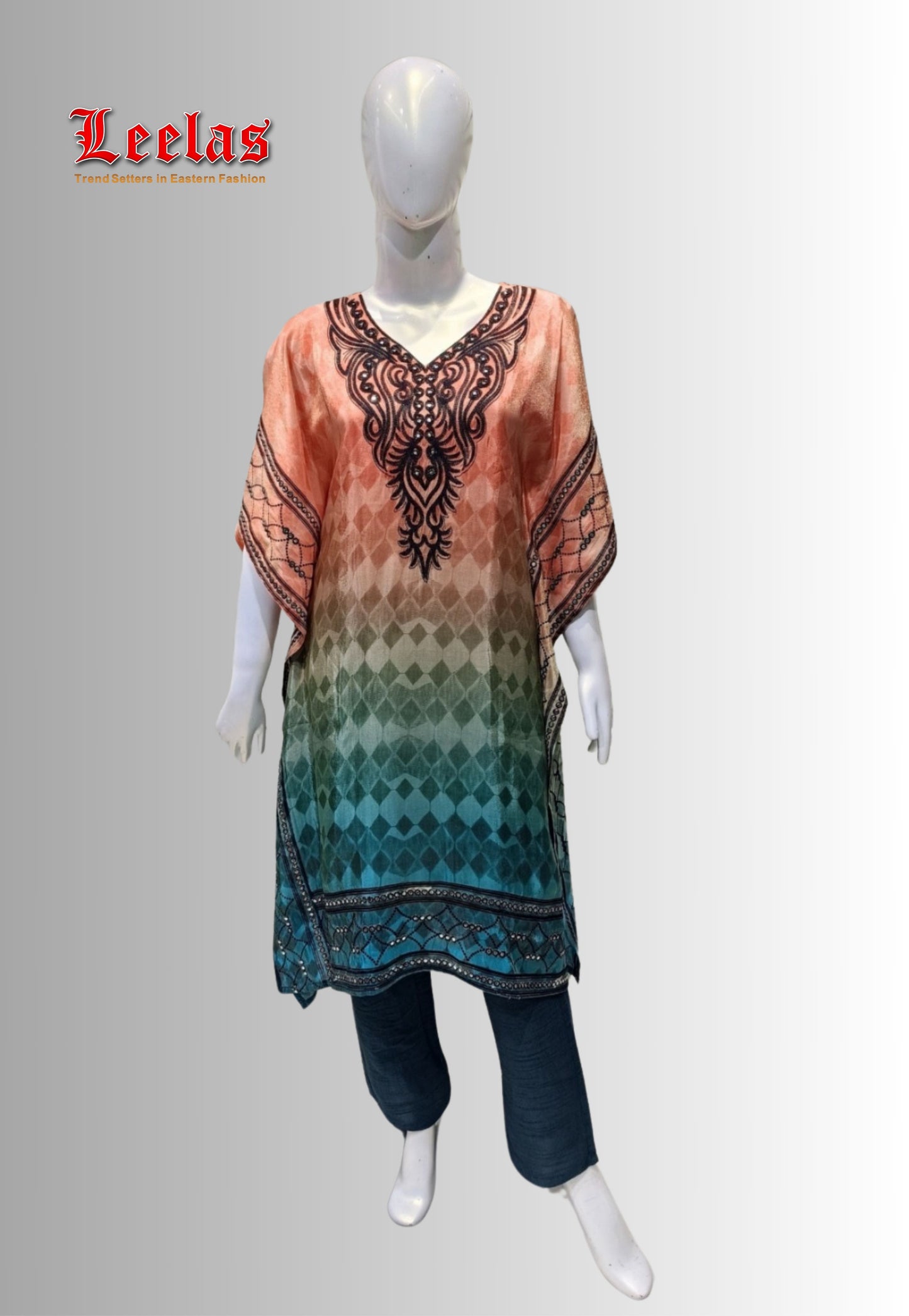 Burnt orange and teal silk kaftan style indo western top with matching pants