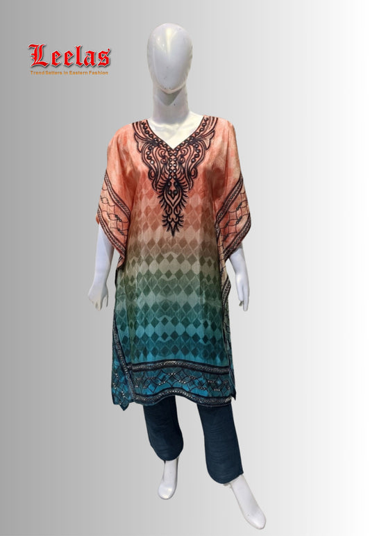 Burnt orange and teal silk kaftan style indo western top with matching pants