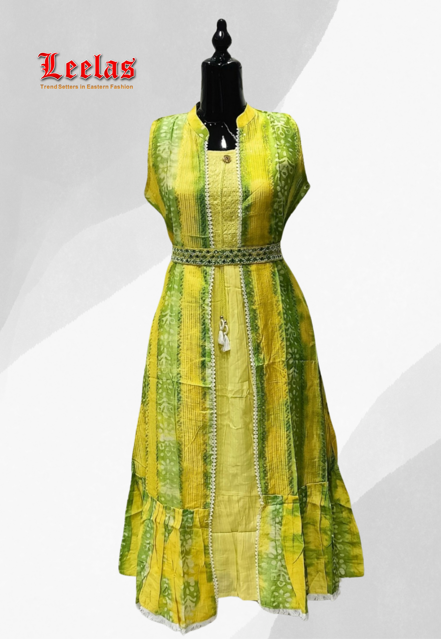 Yellow sleeveless cotton dress with cotton embroidery and lime green and yellow sleeveless jacket