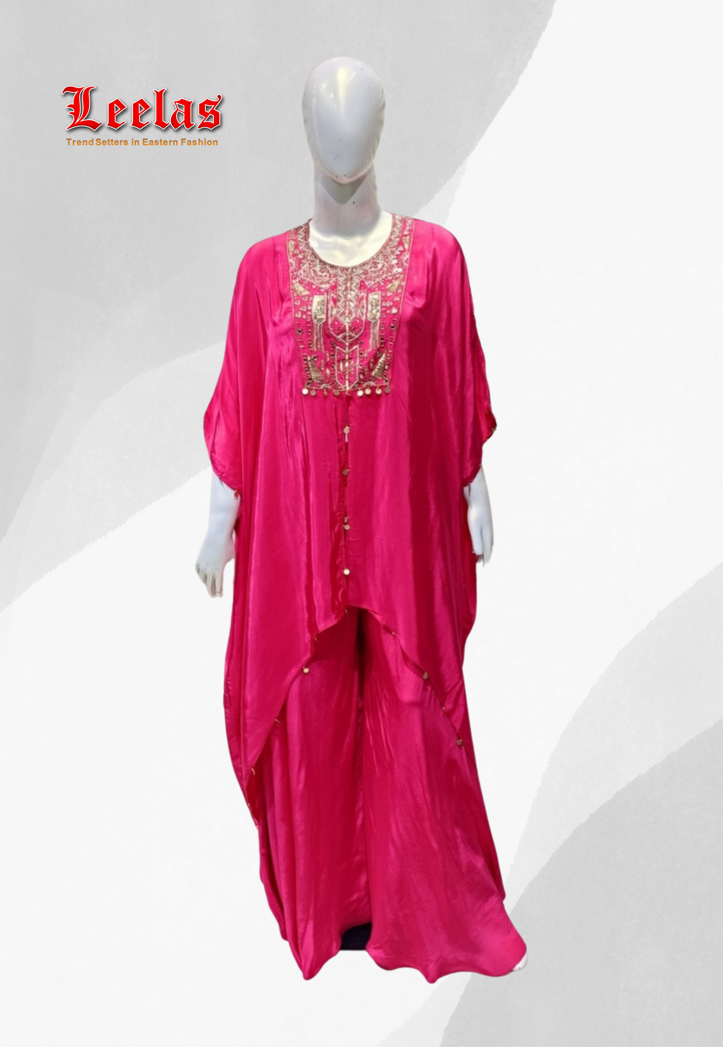 Cerise pink kaftan style indo western top and with bead and sequin work and matching pants