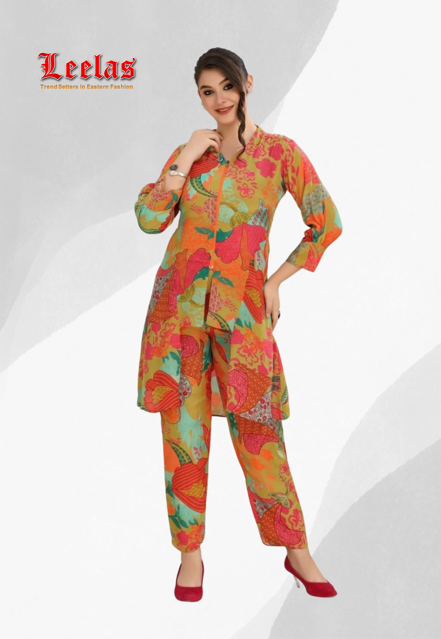 Mustard floral multi-colour Indo Western top and matching floral pants