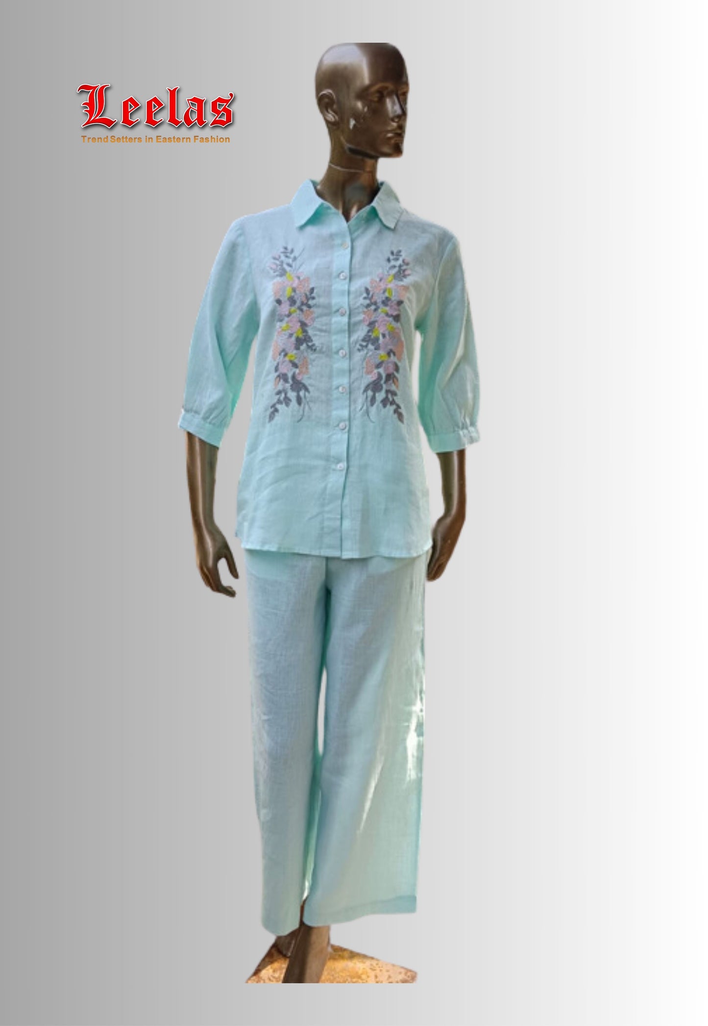 Light mint green cotton shirt with embroidery detail and plain light mint green pants