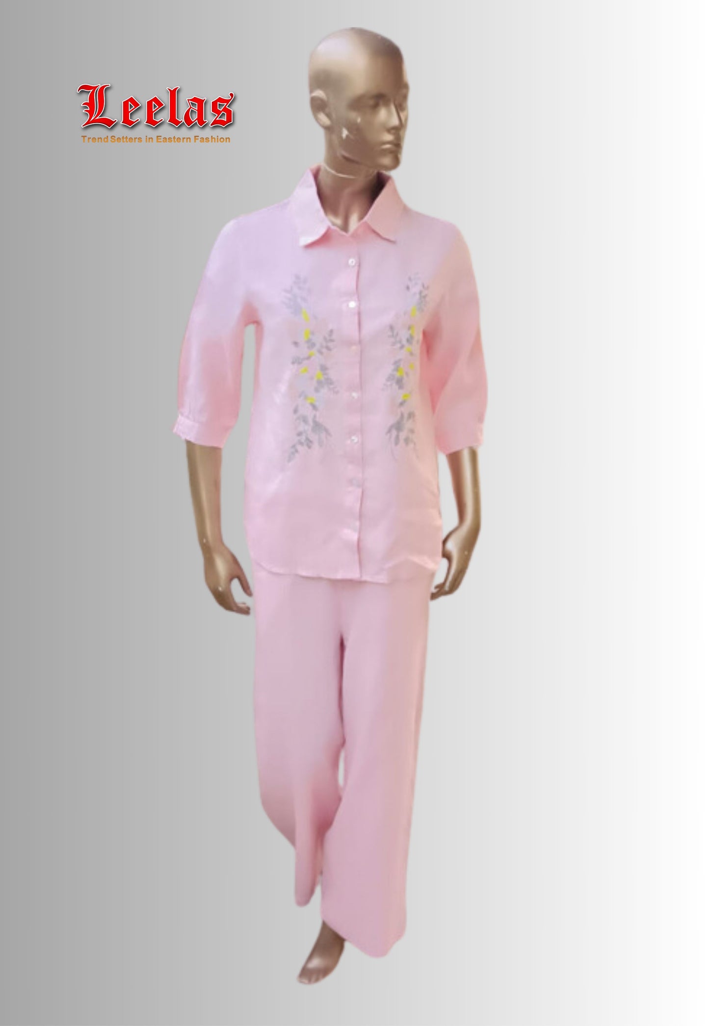 Light pink cotton shirt with embroidery detail and plain light pink pants