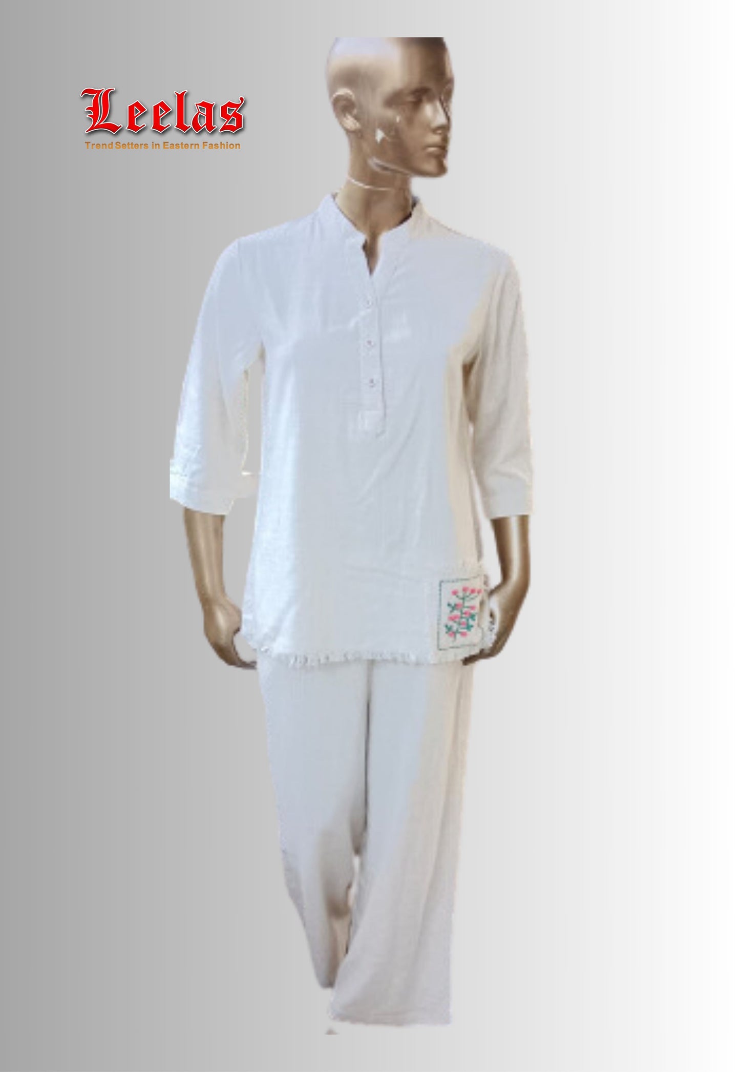 Beige linen Chinese with embroidery detail collar top and matching pants