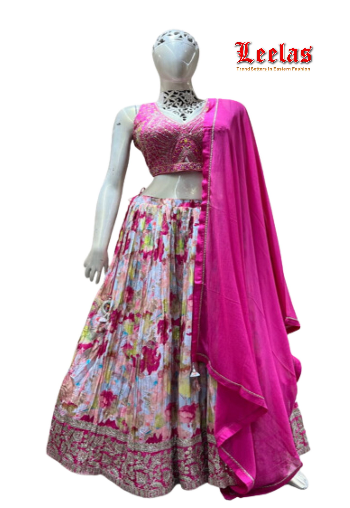 Cerise pink abstract printed crushed silk lengha