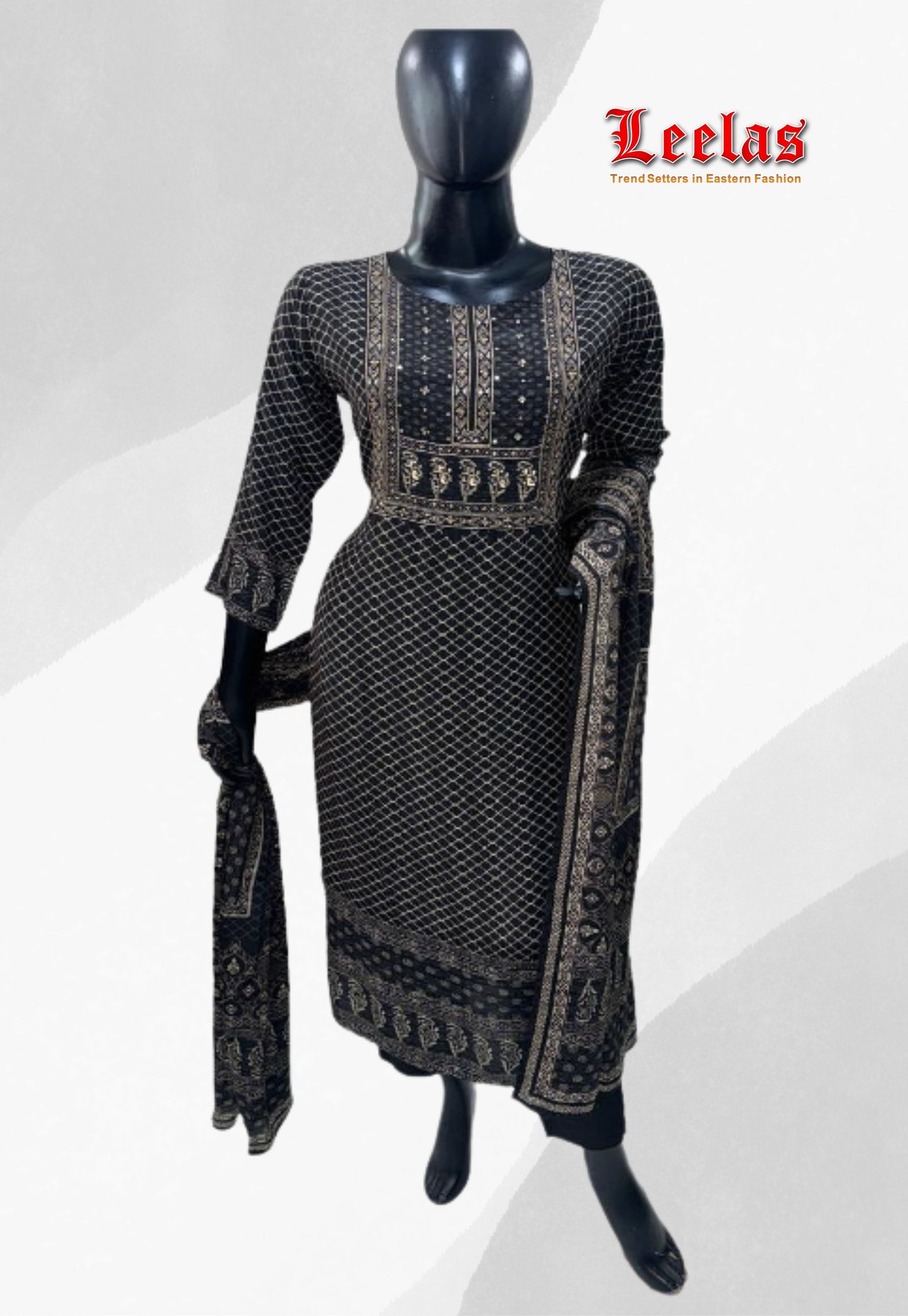 Silk black and gold printed salwar kameez with sequins and stonework on bodice and plain black pants