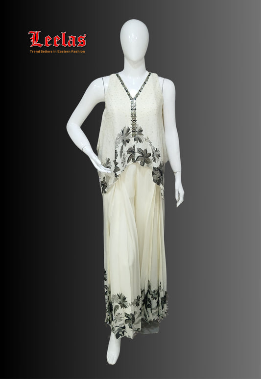 Cream georgette indo western top and pants with black floral print and mirror work