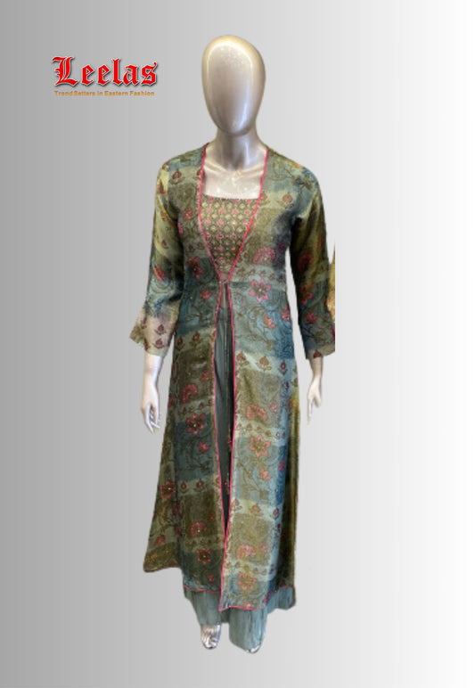 Tissue silk greyish green and pink floral Indo Western long jacket with ready made blouse and plain greyish green georgette pants