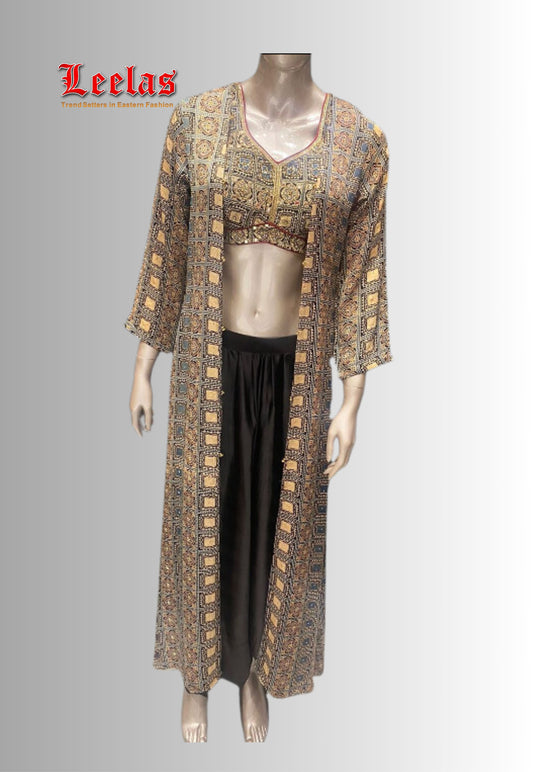 Satin black, beige and maroon abstract print Indo Western long jacket with ready made blouse and plain black satin pants