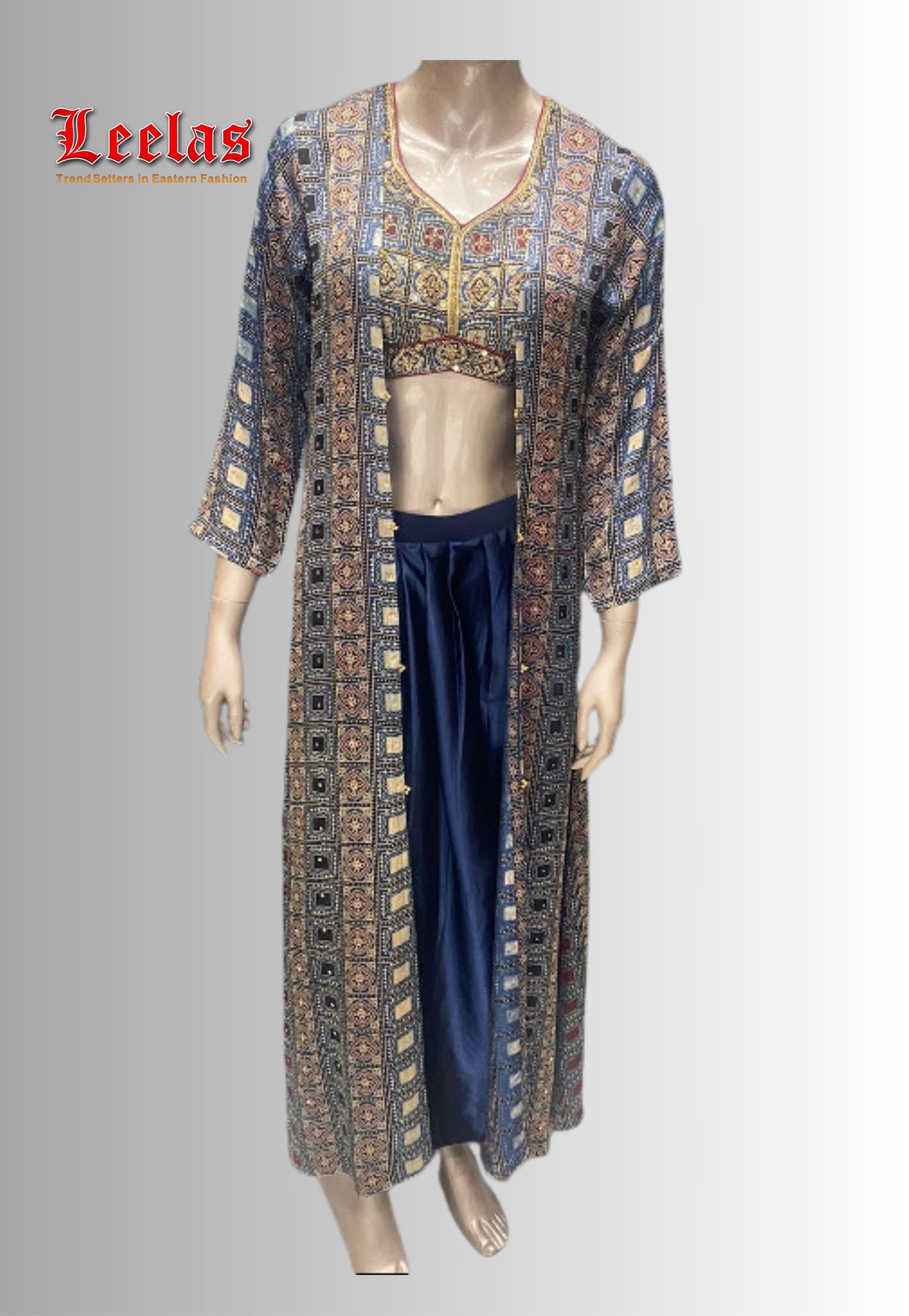 Satin navy blue and maroon abstract print Indo Western long jacket with ready made blouse and plain navy satin pants