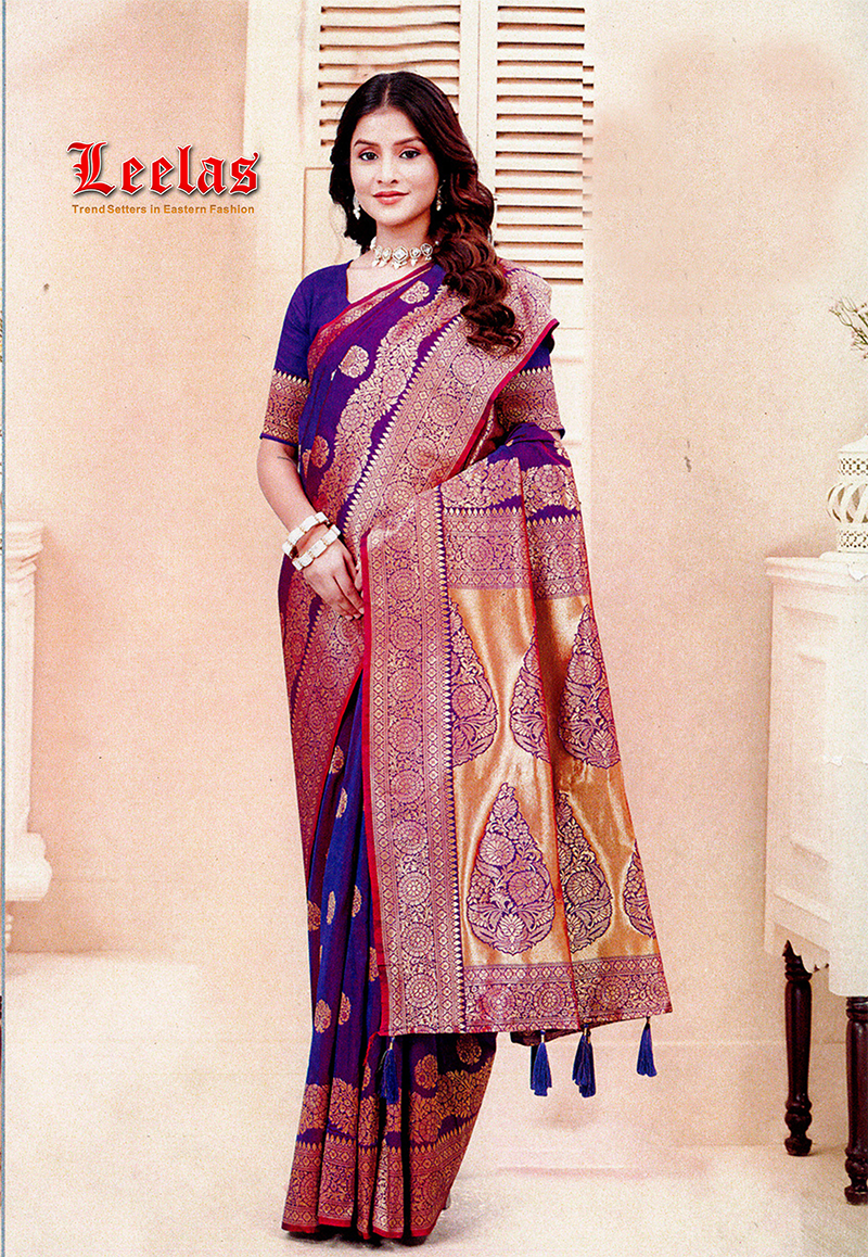 Deep purple gold silk embossed saree