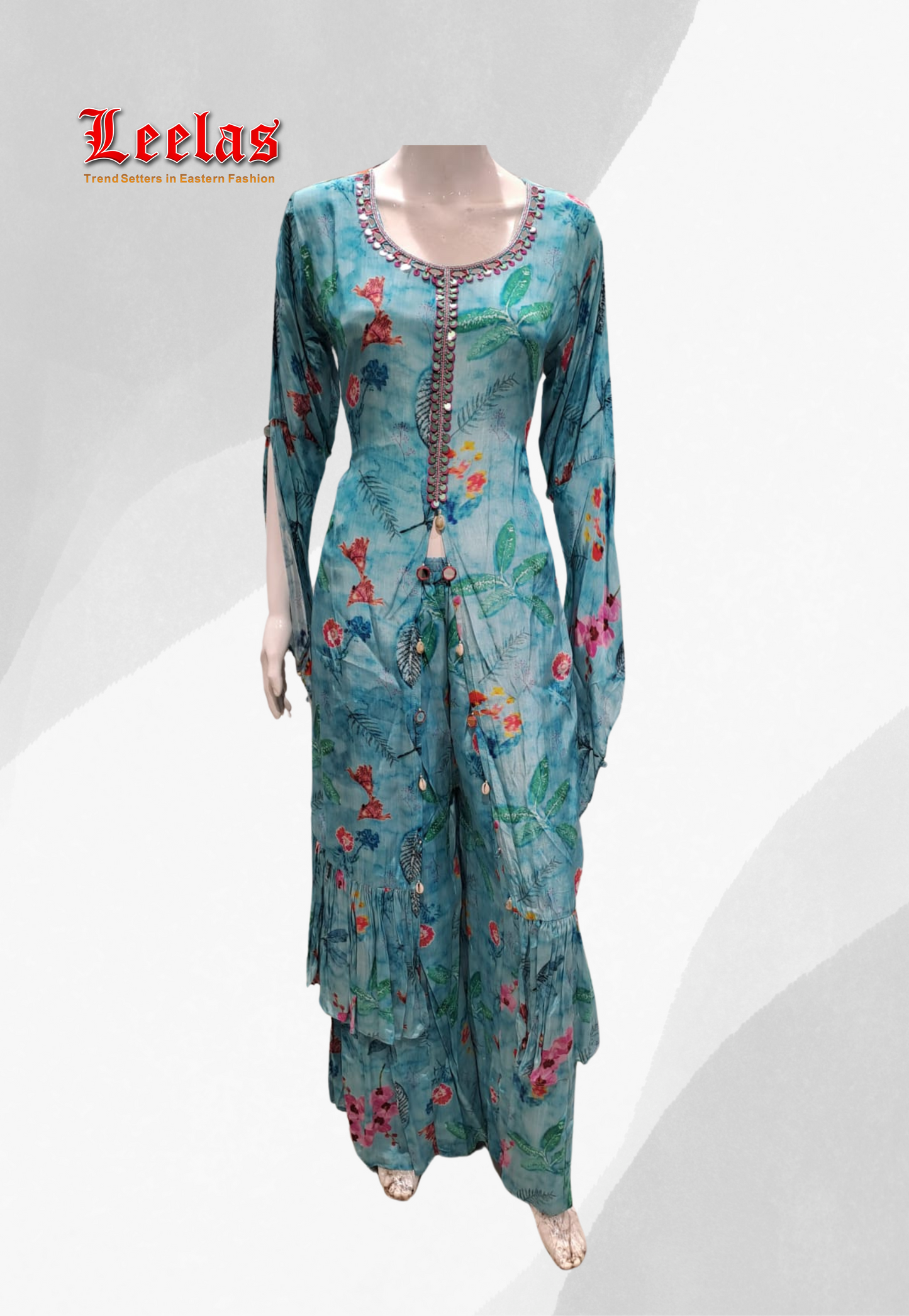 Blue floral cotton indo westen top with matching pants