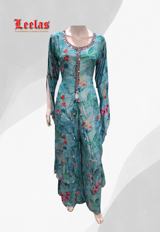 Blue floral cotton indo westen top with matching pants