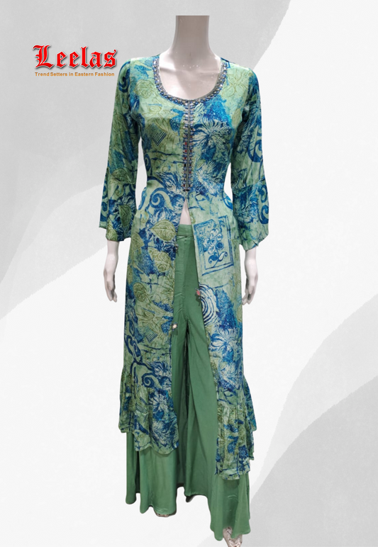 Green and blue floral silk indo westen top with  plain cotton pants