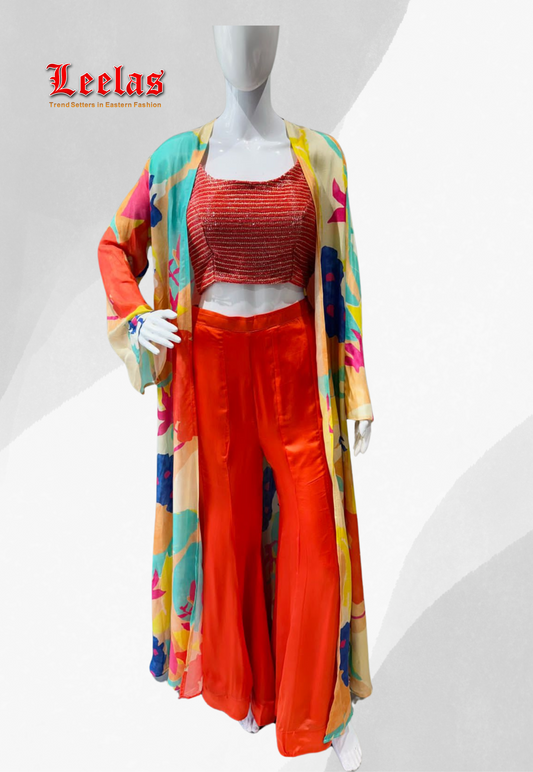 Coral silk indo western short top with sequin, full beaded work and long multi-coloured long jacket and plain coral silk pallazzo pants