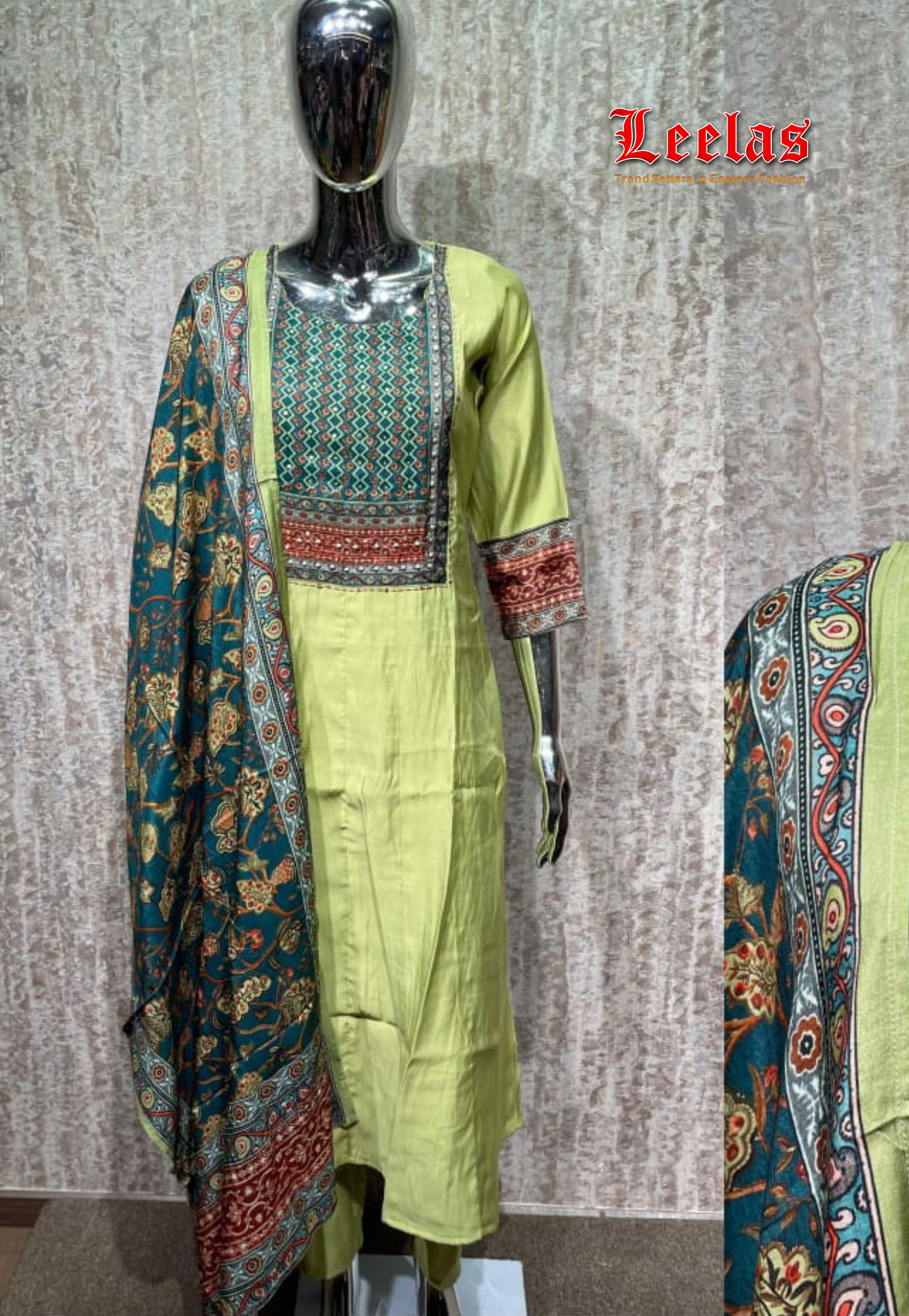 Avocado green anarkali style silk salwar kameez