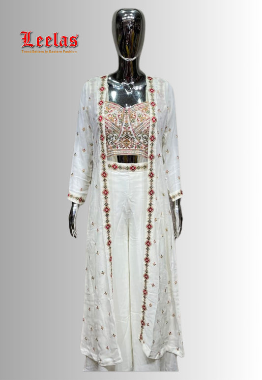 Cream georgette indo western outfit with full multi-colour embroidery and sequin ready made blouse , long cream jacket and plain cream georgette pallazzo pants