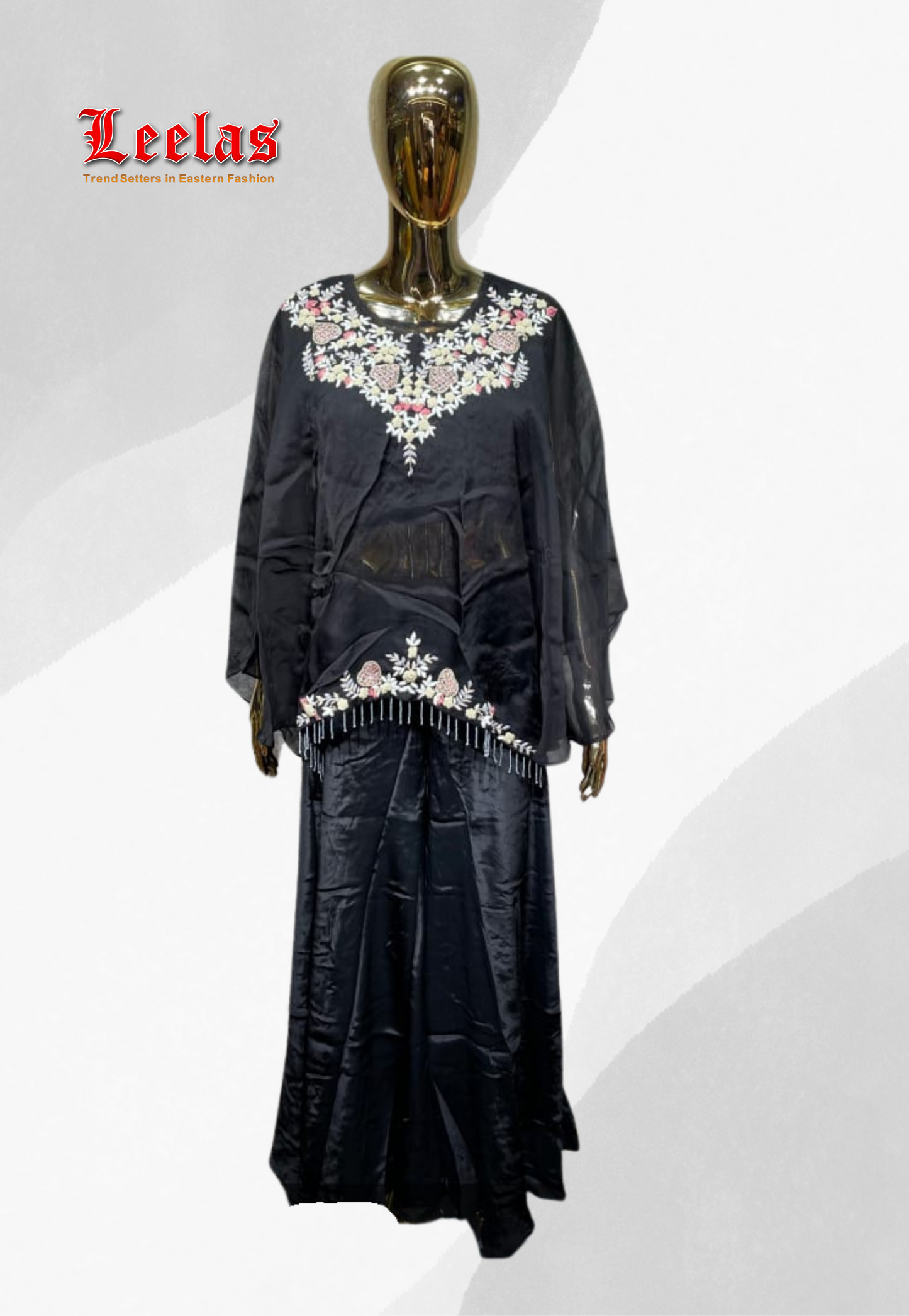 Black silk indo western outfit with full multi-colour  embroidery and plain silk ready made blouse , poncho black jacket with embroidery and plain black silk pallazzo pants