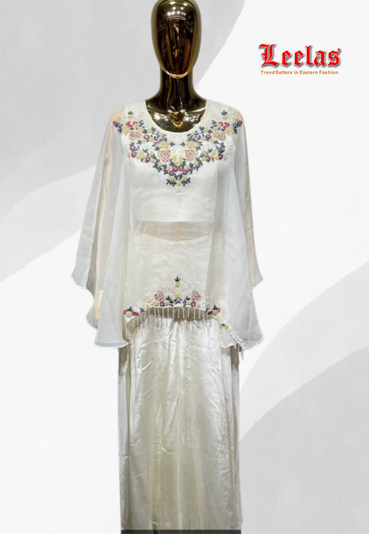 Cream silk indo western outfit with full multi-colour  embroidery and plain silk ready made blouse , poncho cream jacket with embroidery and plain cream silk pallazzo pants