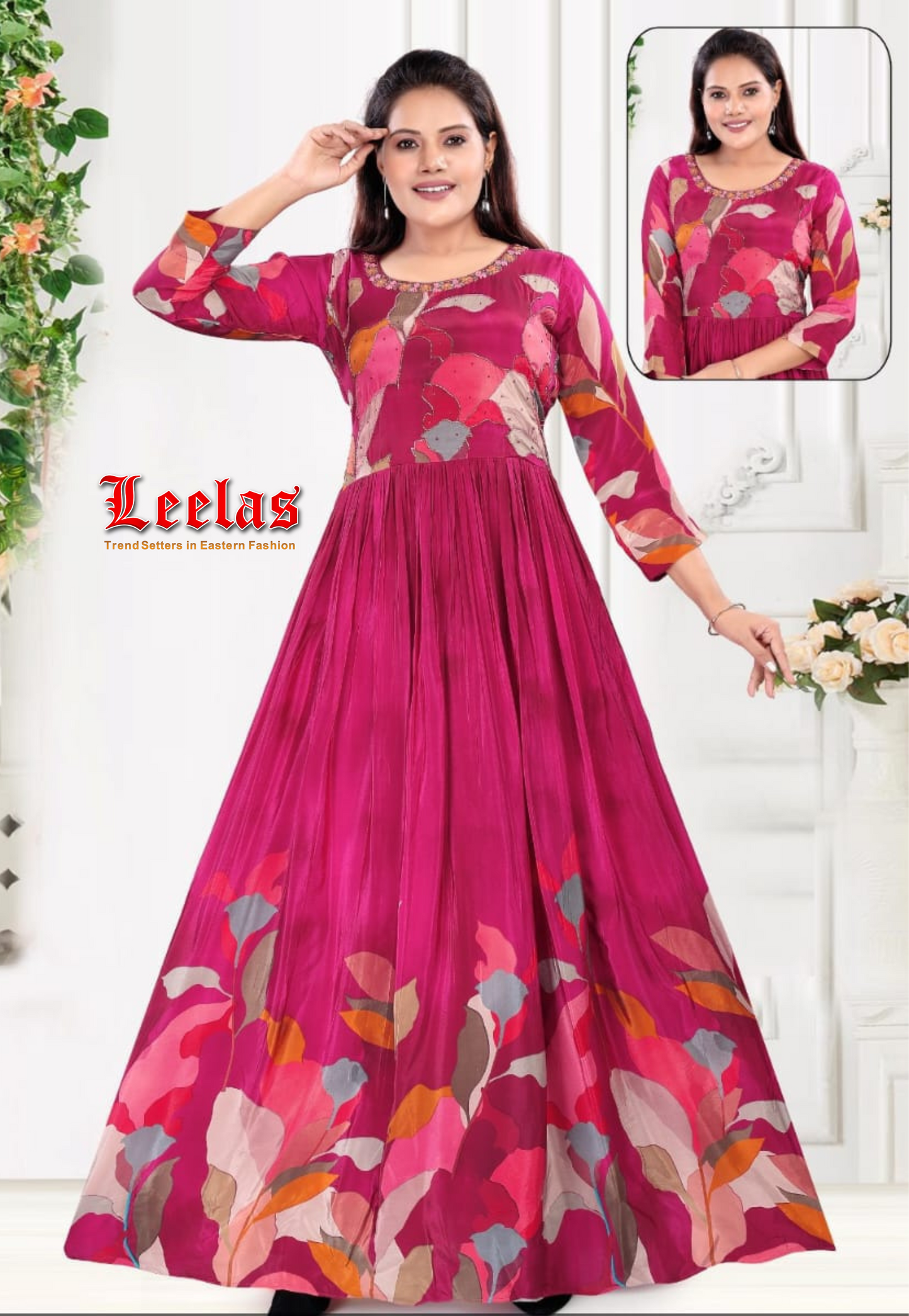 Cerise pink floral crepe silk  long dress