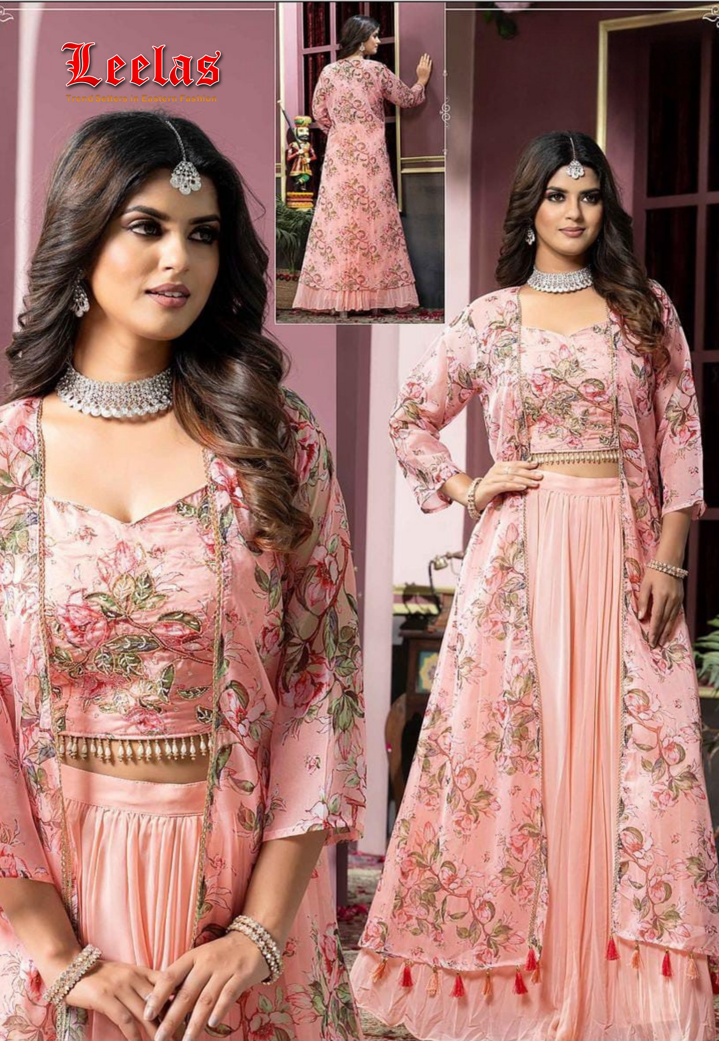 Rose pink floral georgette indo western outfit with beaded ready made blouse and long jacket and plainrrose pink pallazzo pants