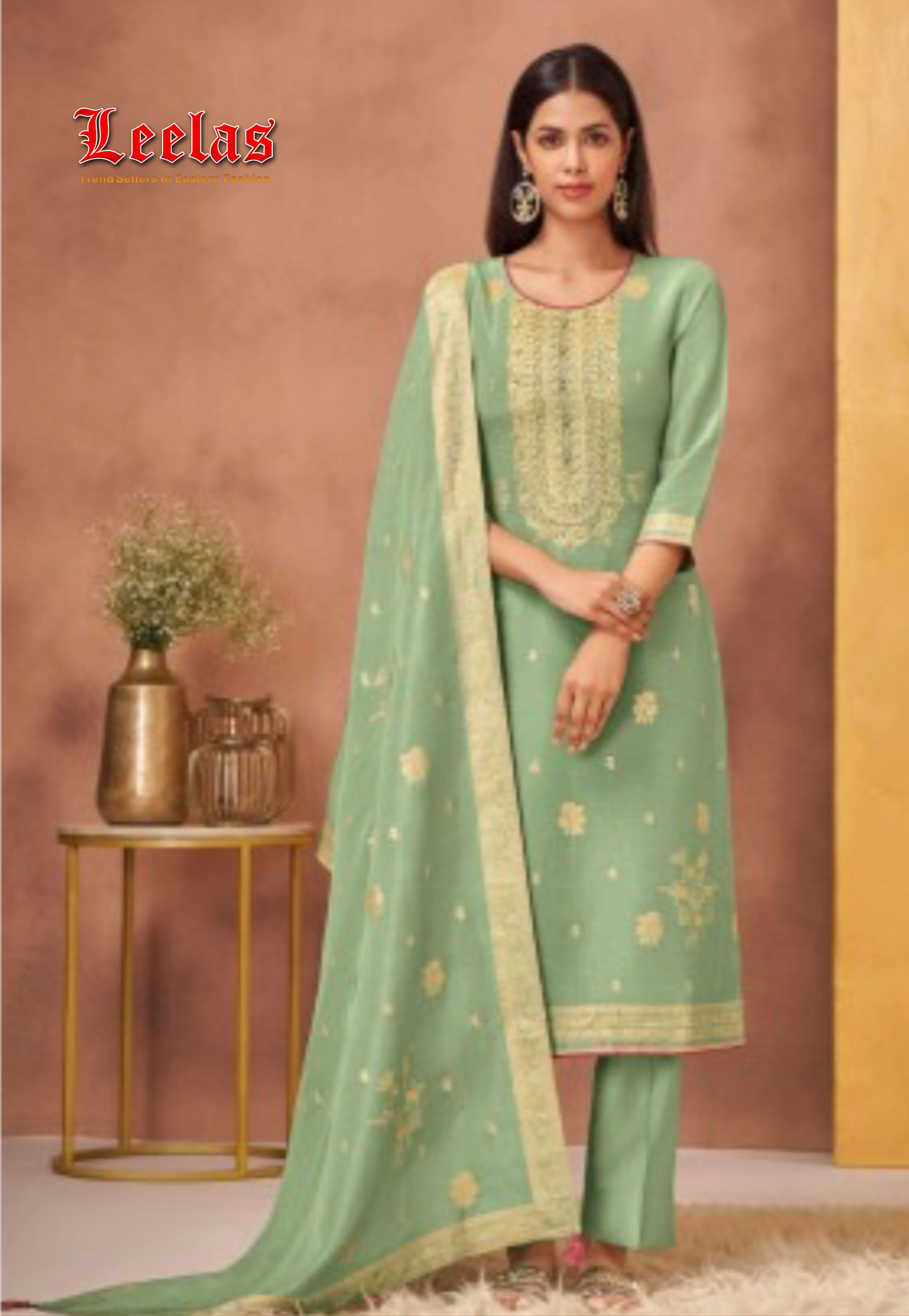 Mint green, maroon and gold silk embossed salwar kameez