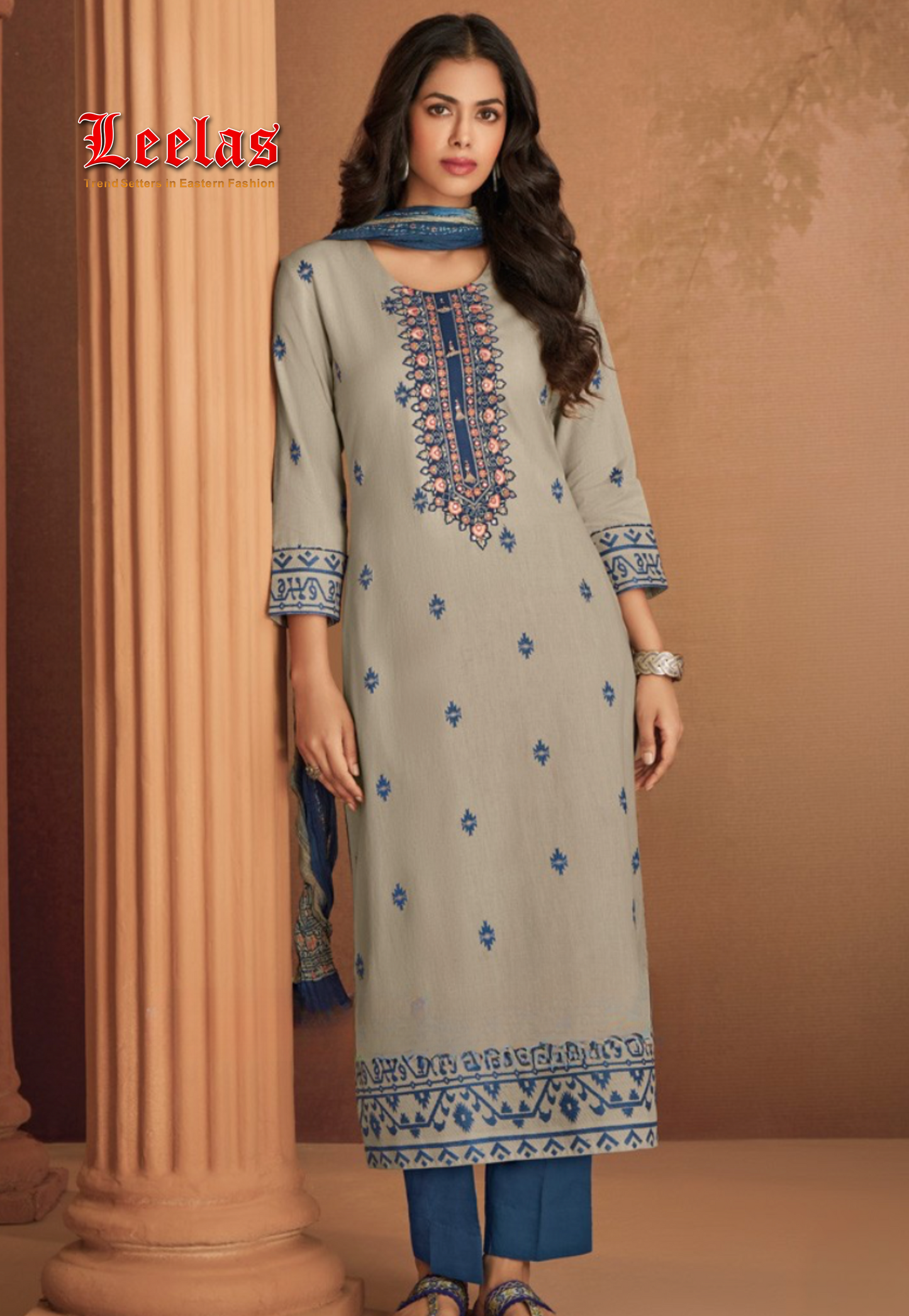 Beige and navy cotton salwar kameez