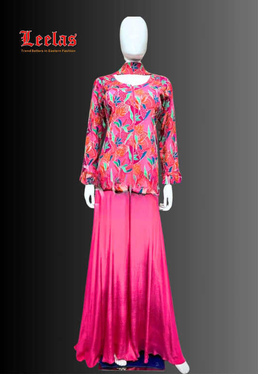 Indo western cerise pink floral jacket with plain cerise pink pallazzo pants