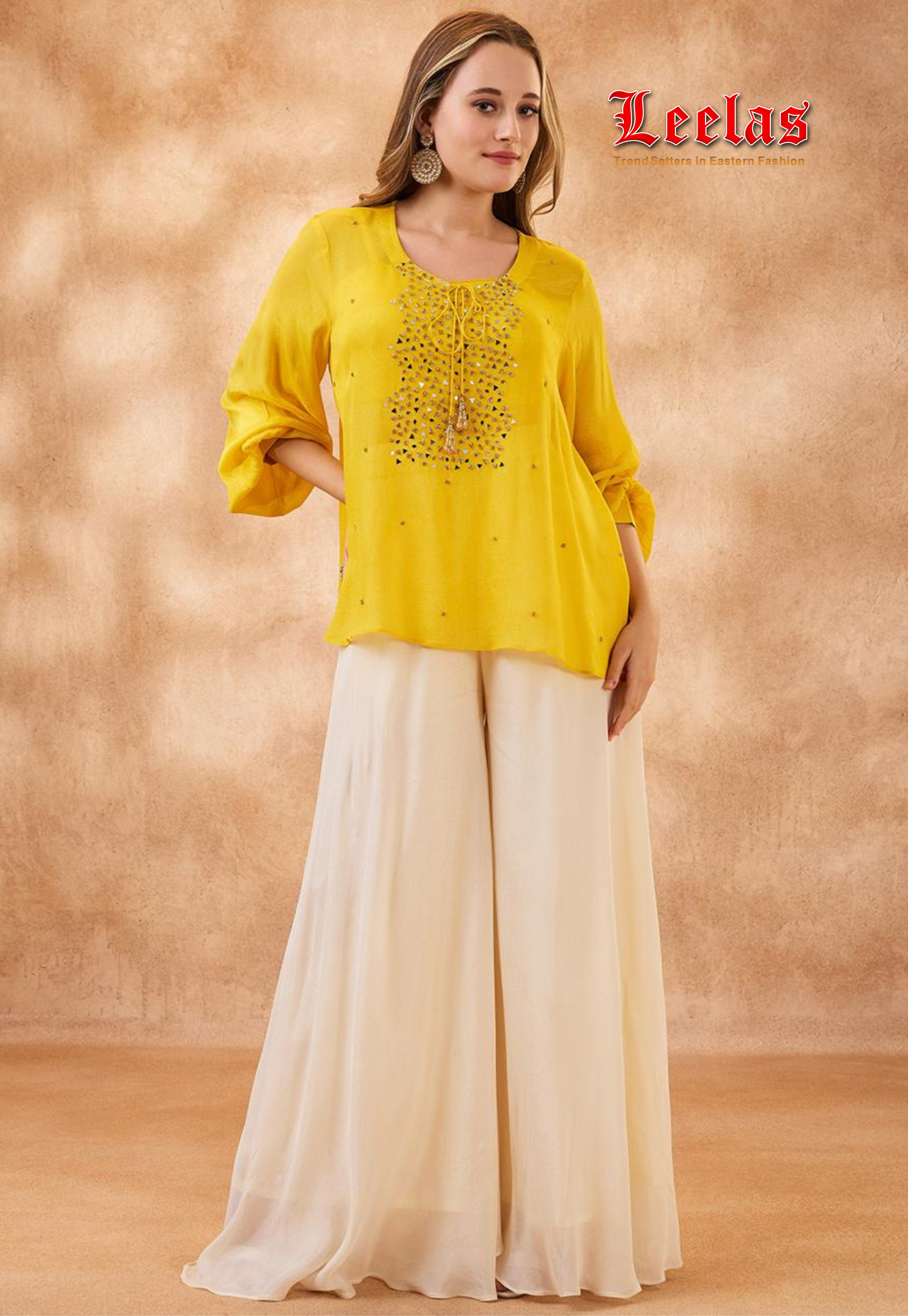 Canary yellow Indo Western top with cream pants