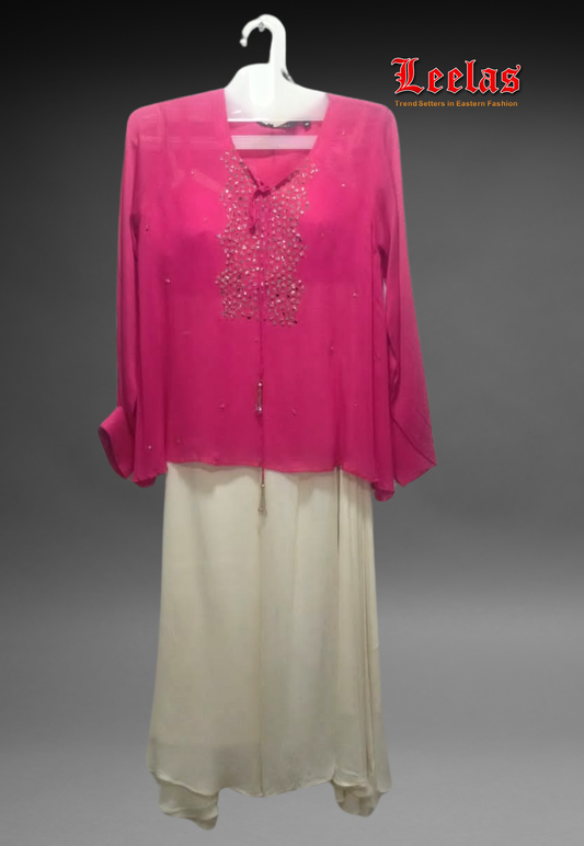 Kaftan style crepe silk Indo western outfit with cerise pink top with mirror and embroidery and cream pallazzo pants