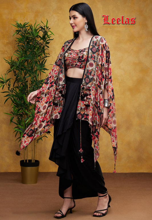 Multi-coloured crepe silk indo western outfit with abstract print long jacket and printed blouse and black skirt