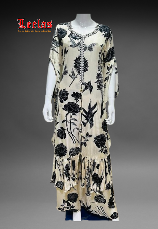 Cream and black floral crepe silk Indo Western long jacket with matching pallazzo pants