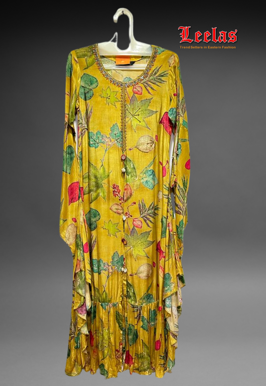 Mustard floral Indo western crepe silk long jacket with matching mustard floral pants