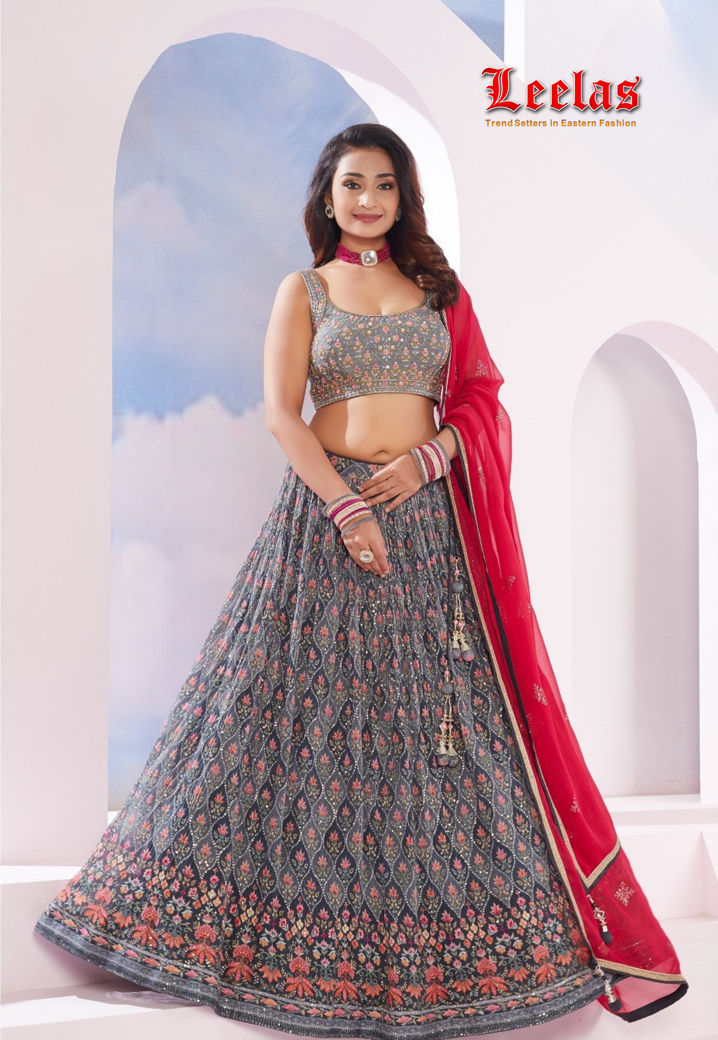 Grey and cerise pink silk lengha