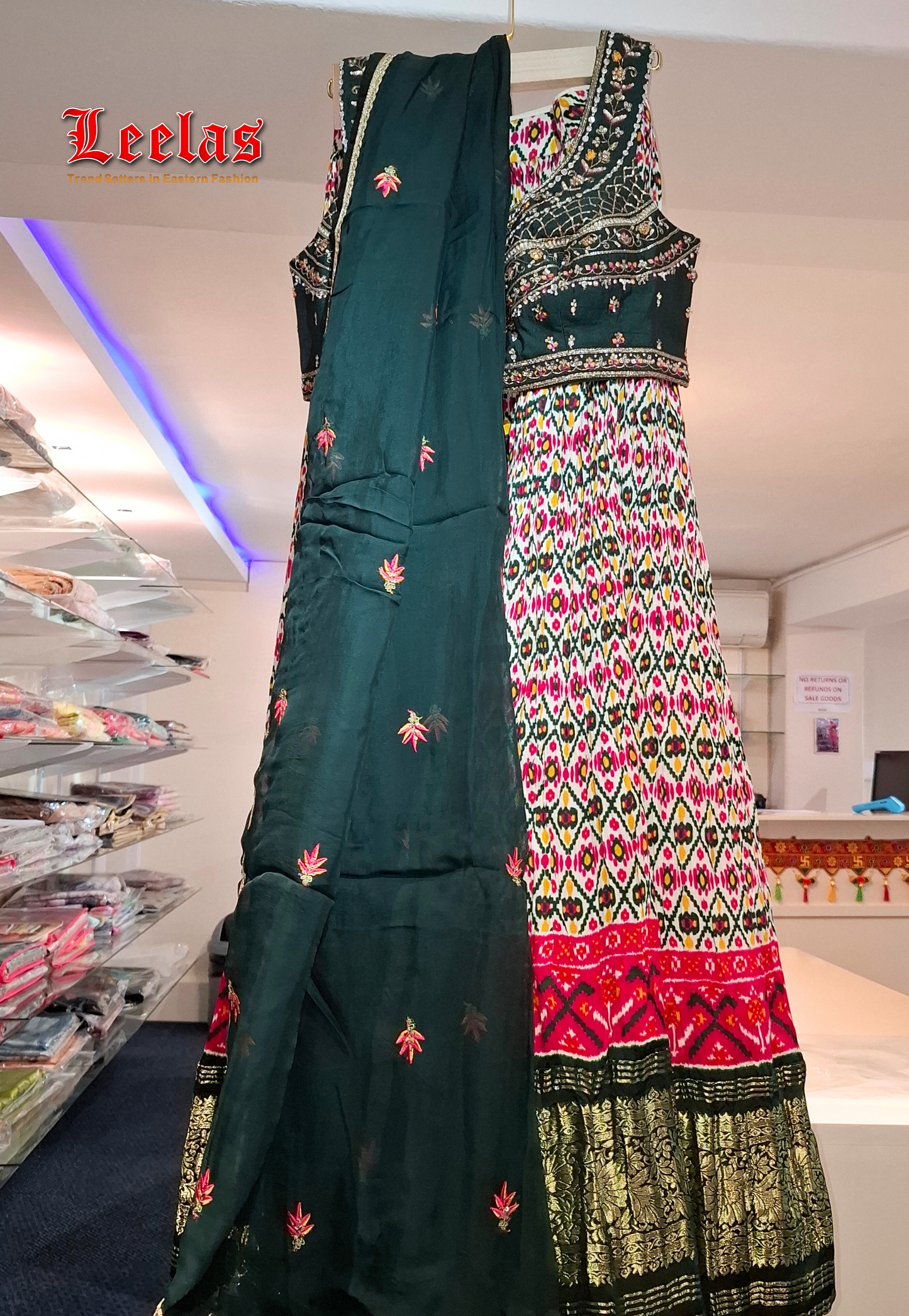 Multi-coloured silk lengha with green dupatta